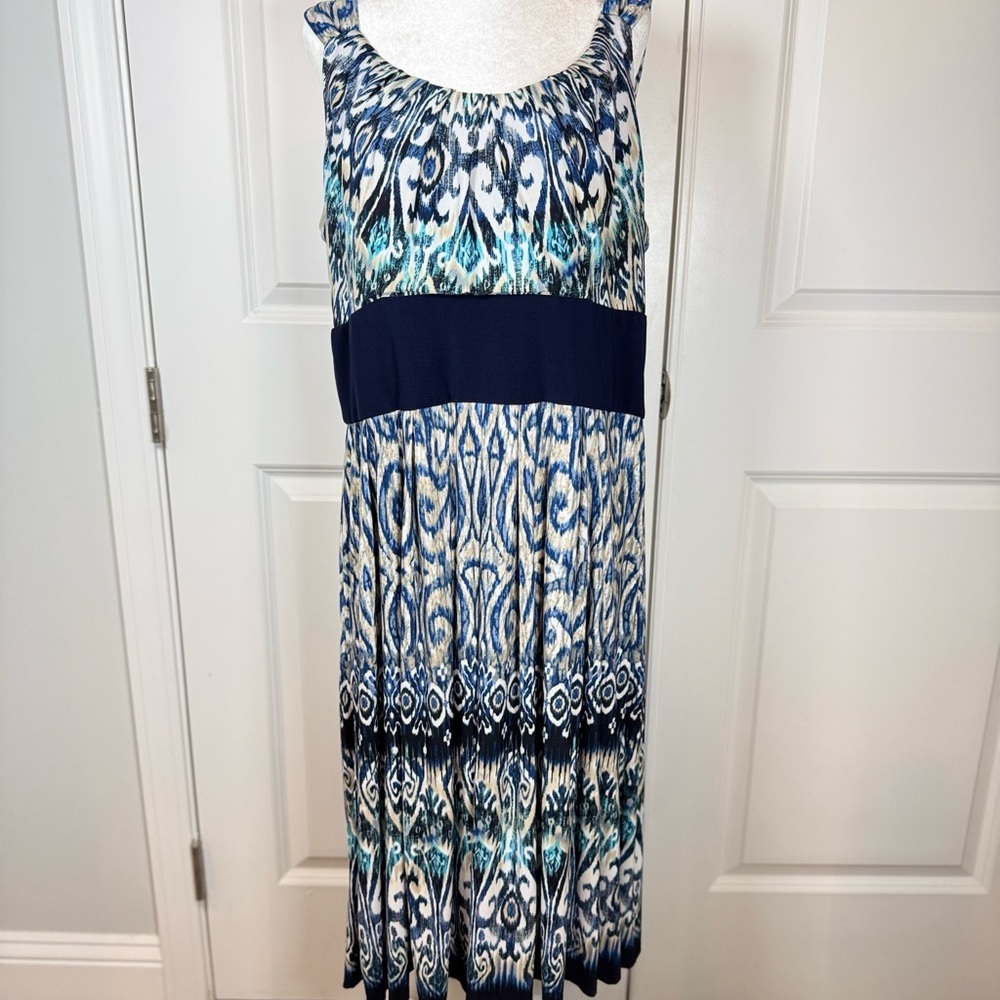 R&M Richards Blue Ikat Empire Waist Midi Dress 18 Resort Cruise Vacation Summer
